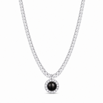 A silver-toned tennis chain necklace featuring a pendant with a halo of small clear stones surrounding a central round black gemstone, shown on a plain white background.